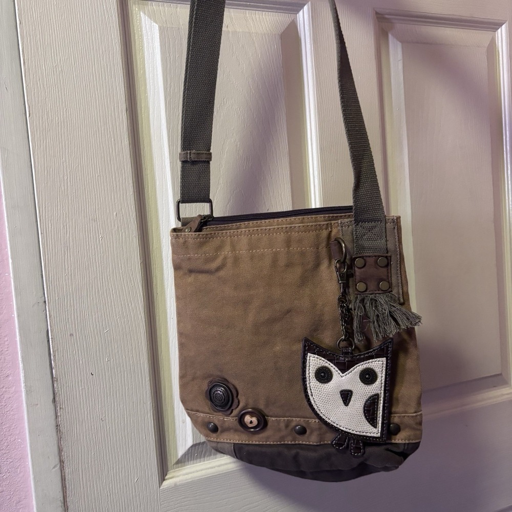 Chala Messenger Bag Canvas Crossbody Brown Tan Owl Charm Tassel Boho Purse